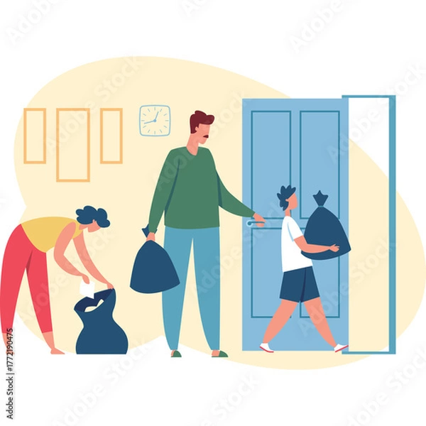 Fototapeta Family Tidy Up Together Carrying Garbage Bags Towards a Door in a Brightly Lit Room