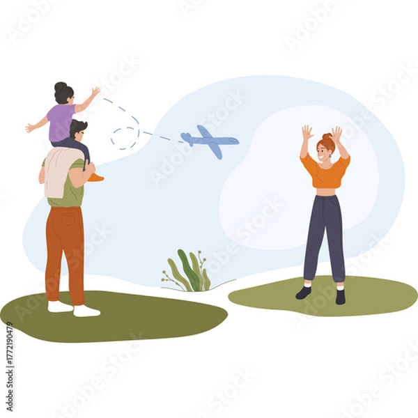 Fototapeta Family Watching Airplane Fly Overhead With Child On Father's Shoulders In Green Outdoor Field With Blue Sky Background And Trees