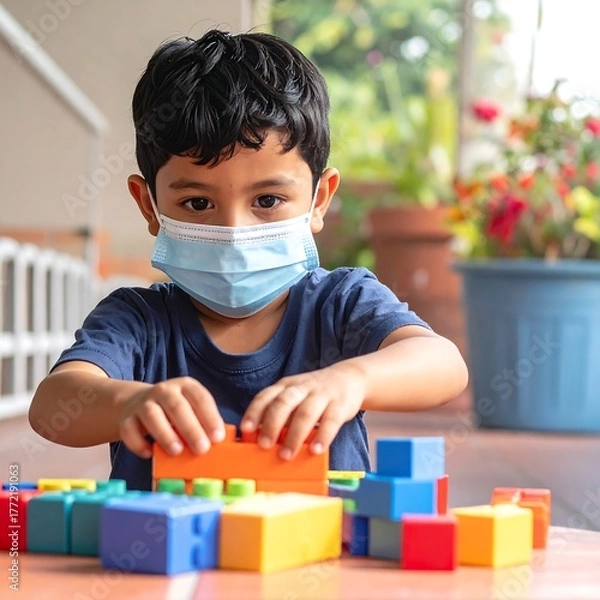 Obraz Young child with mask plays building blocks outdoors, looking at camera