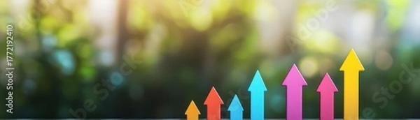 Fototapeta Vibrant colored arrows pointing upward on blurred nature background symbolizing growth progress success achievement and positive development concept