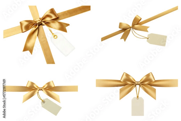 Obraz Golden ribbon bows with tags gold ribbon gift tag