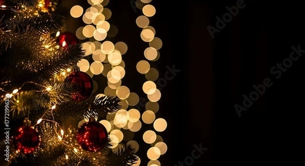 Obraz Christmas tree with ornaments and bokeh lights against dark background