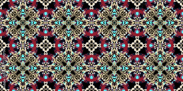 Fototapeta Luxurious Ornate Kaleidoscope Seamless Pattern in Jewel Tones.  Victorian Era Inspired Ornamental Tileable Design. Abstract Mandala Style Repeating Motif