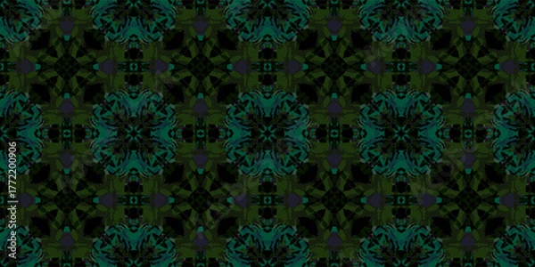 Fototapeta Geometric Abstract Rosette Motif in Deep Forest Colors. Dark Emerald and Black Abstract Symmetrical Seamless Pattern.
