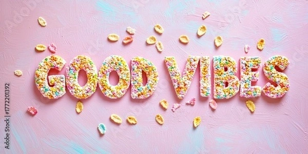 Obraz A colorful, playful arrangement of cereal pieces spelling out the word 'GOOD VIBES' on a pink and blue background with scattered cereal pieces around.