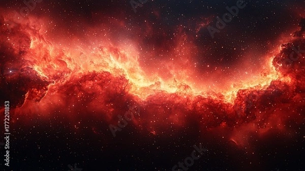 Fototapeta Cosmic panorama of bright red and orange celestial clouds with scattered stars in deep black space