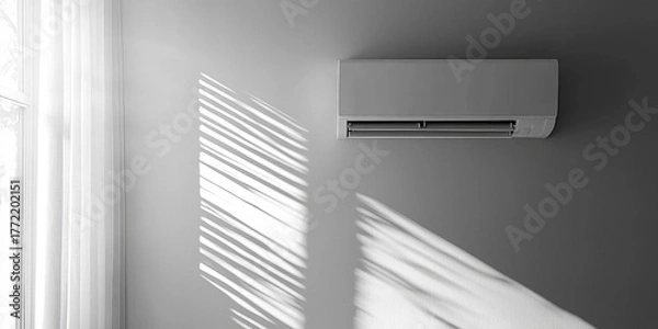 Fototapeta A modern, sleek white air conditioner mounted on a gray wall, with light streaming through a window in the background.