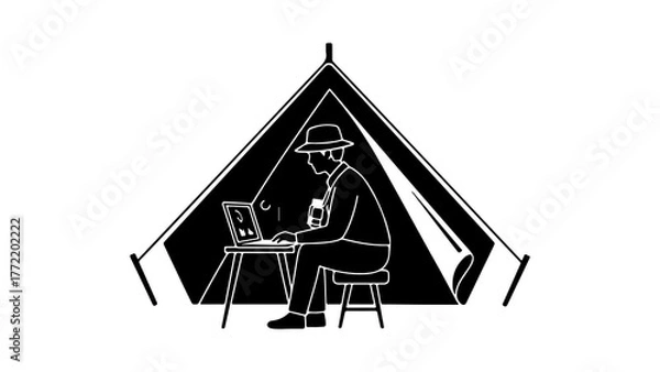 Fototapeta Man working on laptop inside tent with transparent background