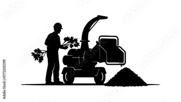Fototapeta Wood chipper and worker with transparent background