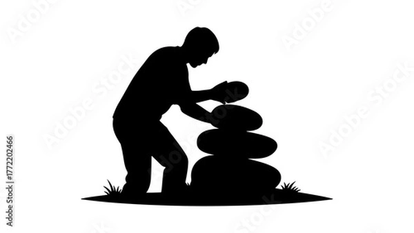 Obraz Man stacking stones on grassy ground with transparent background