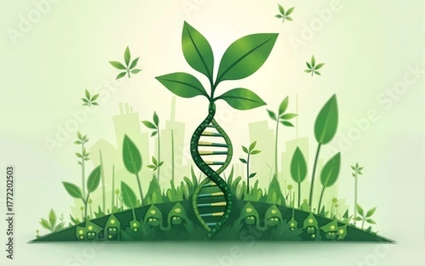 Fototapeta The idea of green biotechnology or synthetic biology, illustrated by a graphic merging a plant with a DNA structure. High quality