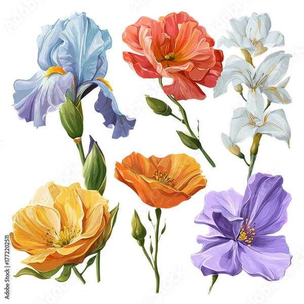 Fototapeta A vibrant collection of colorful iris poppies and other blooming flowers isolated on transparent background