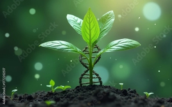 Fototapeta The idea of green biotechnology or synthetic biology, illustrated by a graphic merging a plant with a DNA structure. High quality