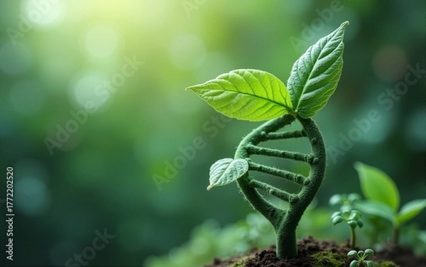 Fototapeta The idea of green biotechnology or synthetic biology, illustrated by a graphic merging a plant with a DNA structure. High quality