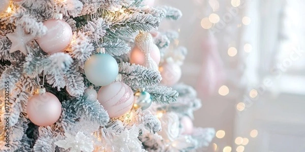 Obraz A beautifully decorated Christmas tree with pink and white ornaments, surrounded by fairy lights and a white background with a window in the background.