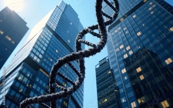 Fototapeta DNA helix as a skyscraper structure reflecting stock trends, biotechnology  economics, symbolizing genetic innovation in urban markets. High quality