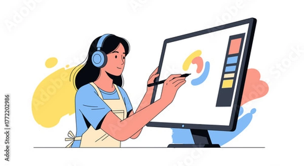 Fototapeta Woman Creates Digital Art Using a Tablet, Headphones, and Modern Graphic Design Software Solutions