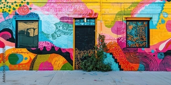 Fototapeta A vibrant, colorful mural with abstract patterns and bright colors on a yellow wall, featuring a door and windows, with a green plant in the foreground and a sidewalk in the background.