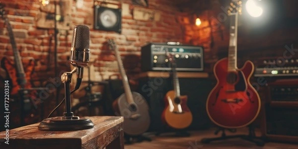 Fototapeta Vintage microphone in a brick-walled recording studio with guitars in the background, illuminated by studio lighting.