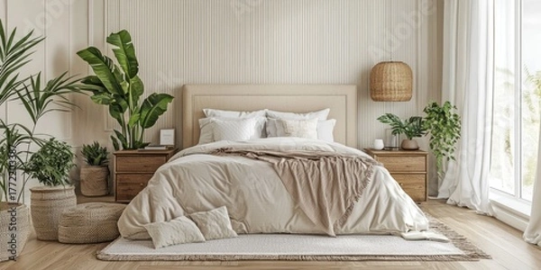 Obraz A cozy bedroom with a beige wall, wooden floor, and a large window with plants.