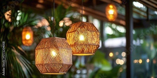 Fototapeta Two woven bamboo pendant lights hanging from a ceiling in a tropical-themed restaurant with greenery and warm lighting.