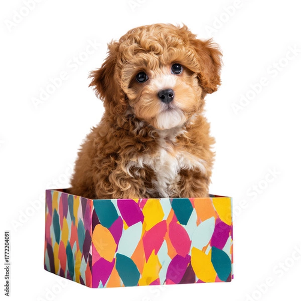 Obraz Adorable fluffy brown poodle puppy sitting inside a colorful patterned box isolated on transparent background
