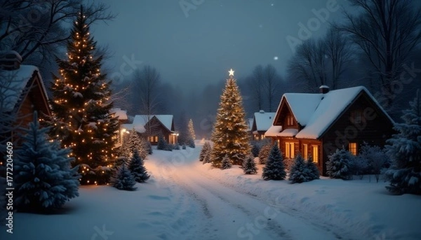 Obraz Night view of a small Christmas village beside a forest, warm red lights emanating from cozy cabins, starry sky with constellations, winter season.