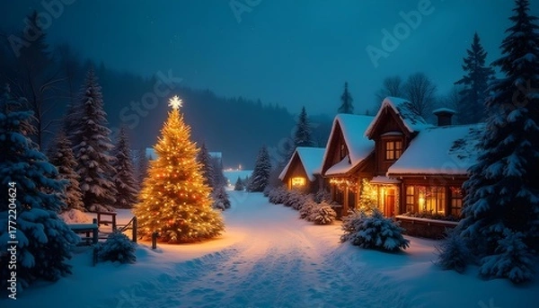 Fototapeta Night view of a small Christmas village beside a forest, warm red lights emanating from cozy cabins, starry sky with constellations, winter season.