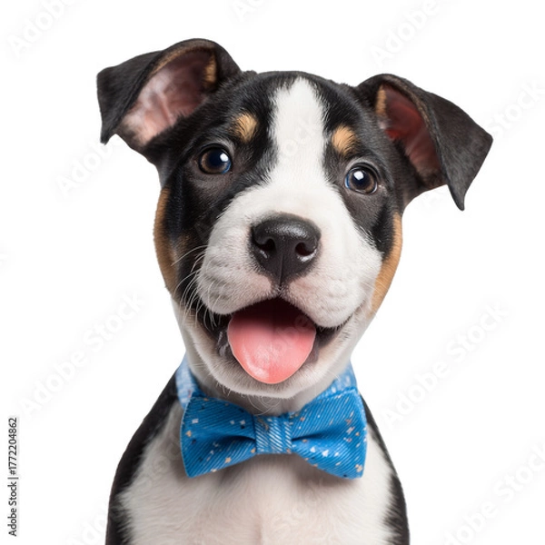Fototapeta Adorable tricolor puppy dog wearing a sparkling blue bowtie looking happy and excited isolated on transparent background