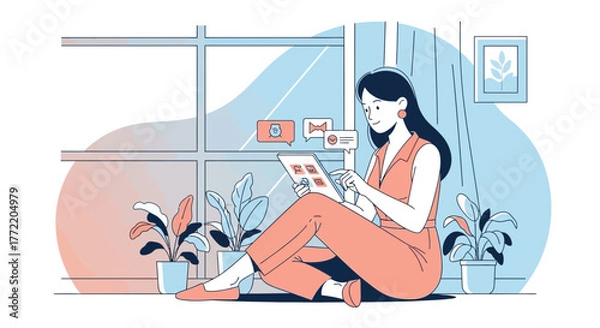 Fototapeta Woman Enjoying Tablet Device While Relaxing Alongside Beautiful Indoor Potted Plants and a Window