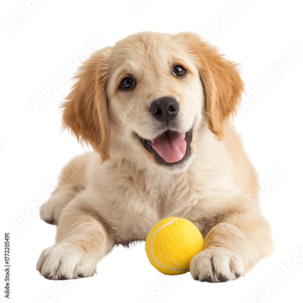 Fototapeta Adorable golden retriever puppy lying down with a bright yellow ball isolated on transparent background