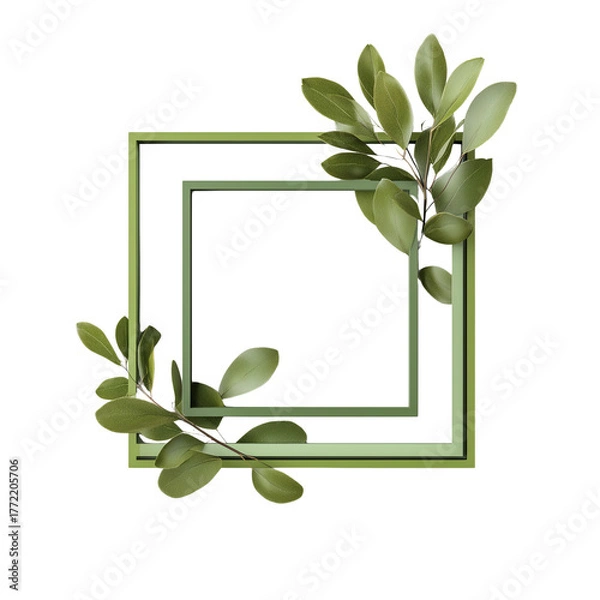 Fototapeta Elegant square frame with delicate green leaves and branches for design isolated on transparent background