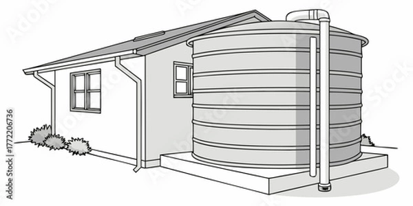 Fototapeta Rainwater tank beside house in minimalist line drawing style  