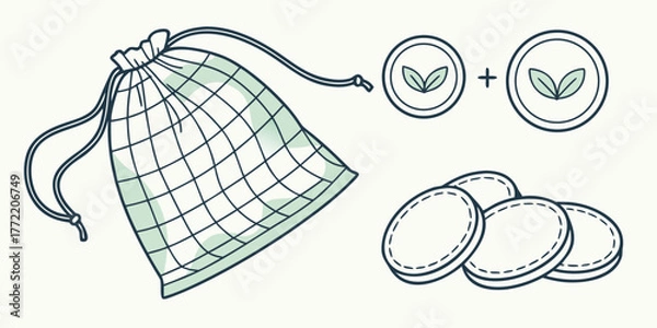 Fototapeta Reusable cotton pads in mesh bag with natural leaf symbols  
