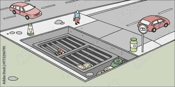 Obraz Trash trap in storm drain with debris and urban environment