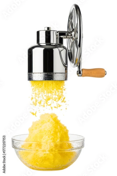 Obraz Manual hand crank ice shaver making a yellow snow cone treat isolated on transparent background