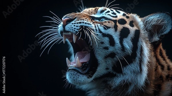 Fototapeta Close-up of a roaring tiger with detailed fur and sharp teeth, against a dark backdrop