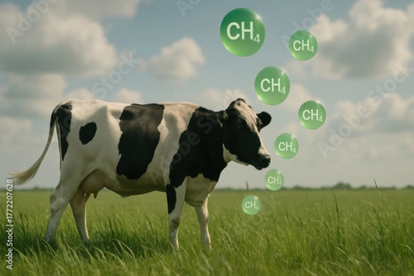 Fototapeta Cow stands in green field under blue sky, with floating methane gas bubbles represented by CH4 around it, highlighting environmental concerns