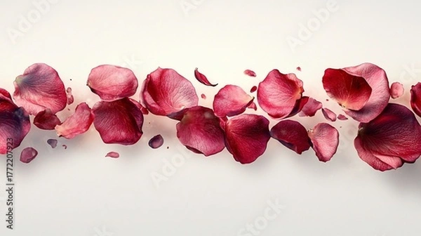 Fototapeta Vivid crimson rose petals scattered over a cream background, creating an elegant, visual border