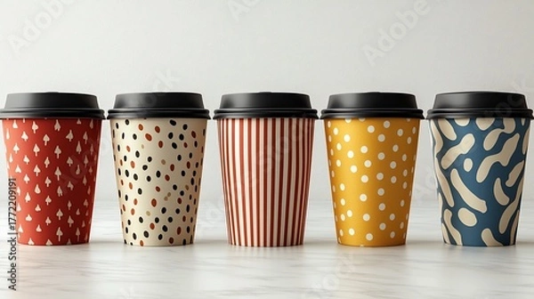 Fototapeta Five takeaway coffee cups with colorful, patterned exteriors on a marble surface