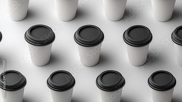 Fototapeta Uniform grid arrangement of takeaway coffee cups with black lids on a clean white surface