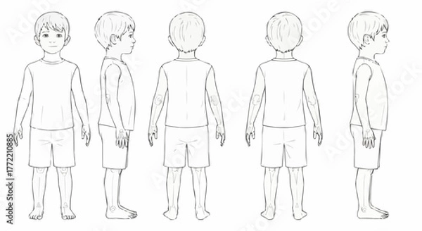 Fototapeta Character turnaround sheet illustration of a young boy from five angles.