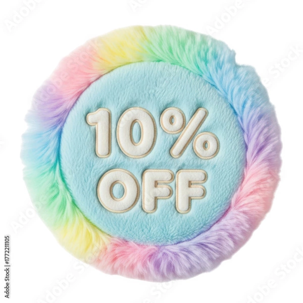 Obraz Circular rainbow fluffy badge with 10 percent off text isolated on white background