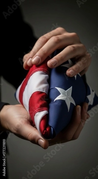 Fototapeta Folded american flag in hands symbolizing respect and honor for veterans and military personnel in a dark and somber setting
