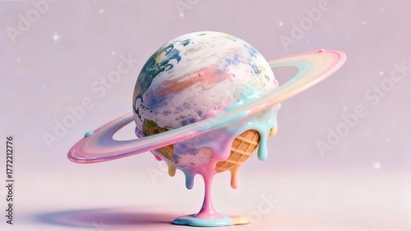 Fototapeta A melting ice cream scoop shaped like a planet orbiting in space