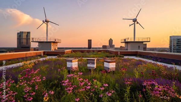 Fototapeta A sustainable green roof at sunset, featuring a meadow of wildflowers, beehives for urban beekeeping, and wind turbines generating renewable energy.