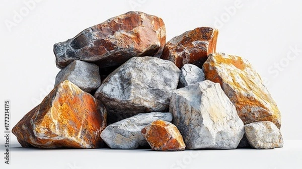Fototapeta A collection of colorful rough rocks piled up on a white background, studio shot