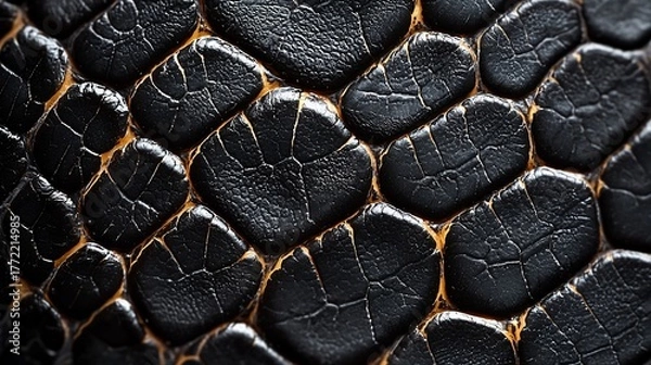 Fototapeta Close-up abstract of textured black and gold geometric pattern, resembling reptile skin