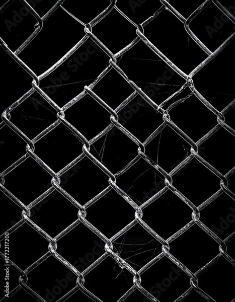 Fototapeta Close-up of a chain-link fence, gray against stark black background