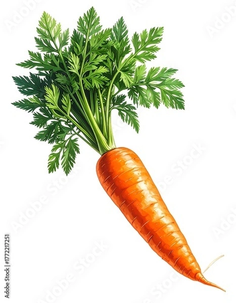 Fototapeta Close-up studio shot of a single, fresh carrot with green foliage